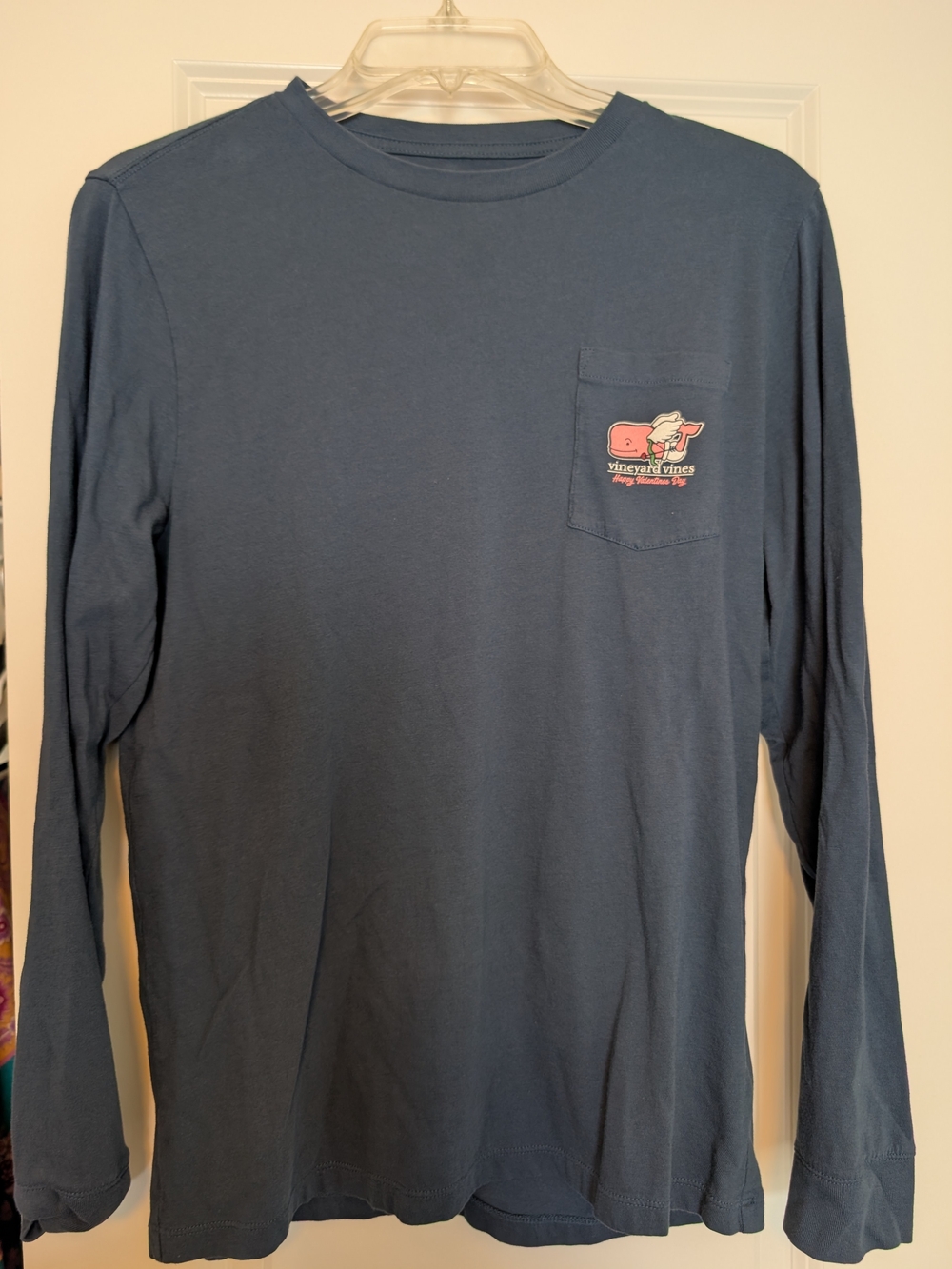 Vineyard Vines Navy Long-Sleeve Pocket Tee with Pink Whale Graphic